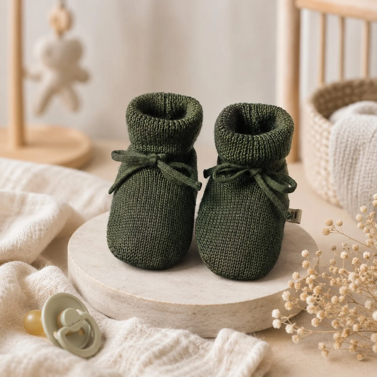 Merino Wool Knit Booties with Drawstring – Snug Comfort for Newborns