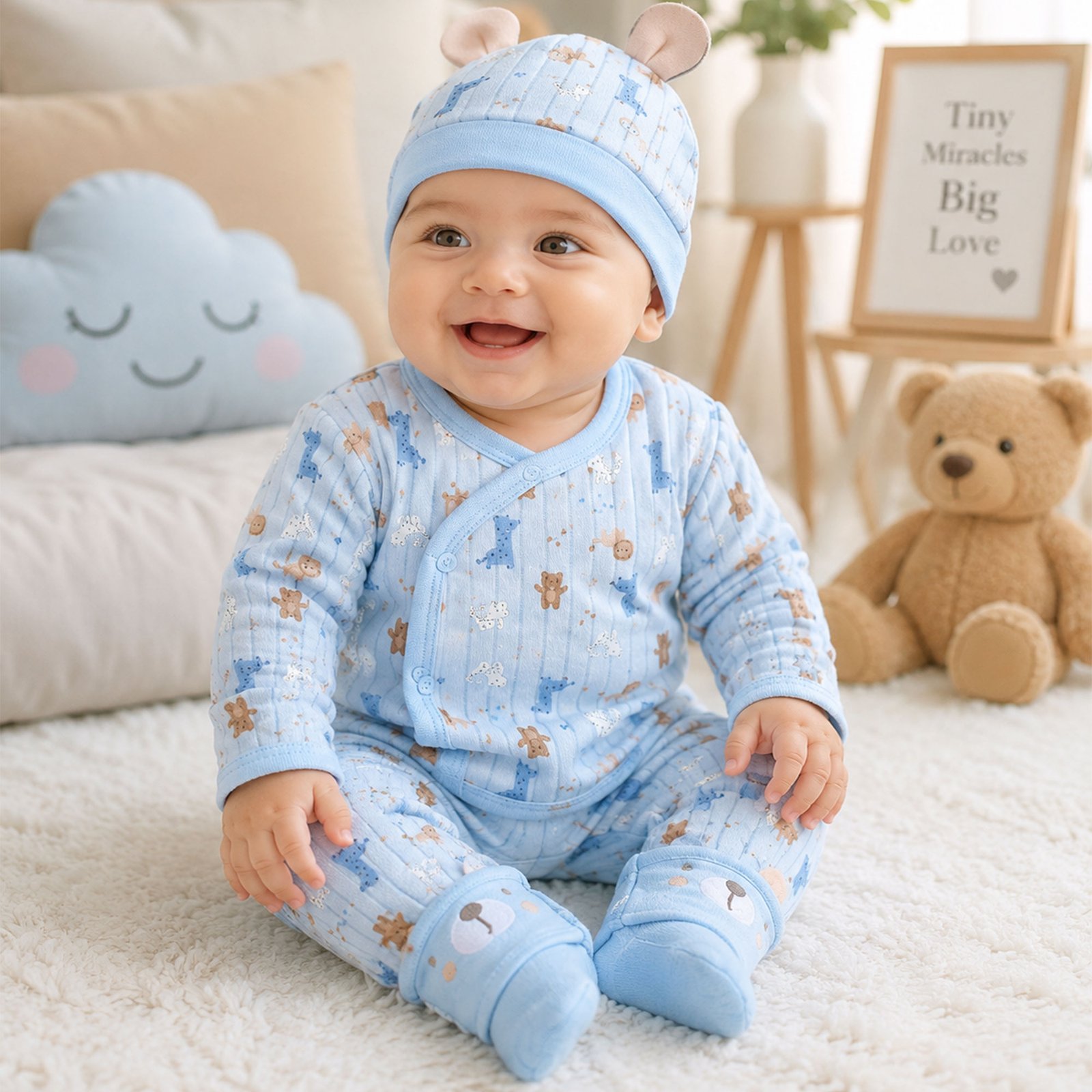 Quilted : Top & Pant with Hat (Blue)