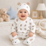 4-Piece Quilted Cardigan, Pant, Bodysuit & Hat Set (White) Teddy bears