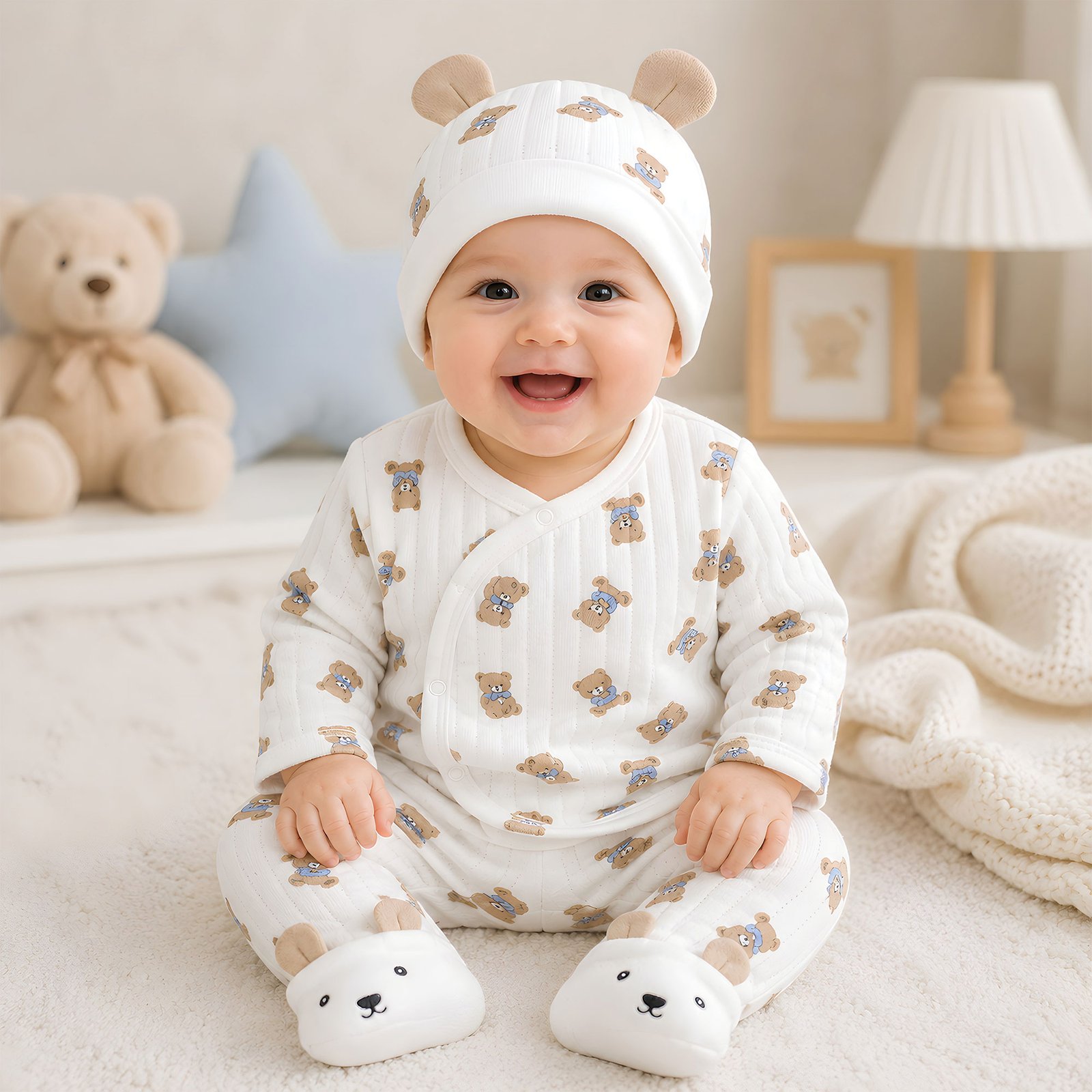 4-Piece Quilted Cardigan, Pant, Bodysuit & Hat Set (White) Teddy bears