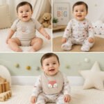 Baby 3-Piece Light Khaki Woodland Animals Quilted Sleep & Play Suit, Bodysuit and Bib Set (0–9M)