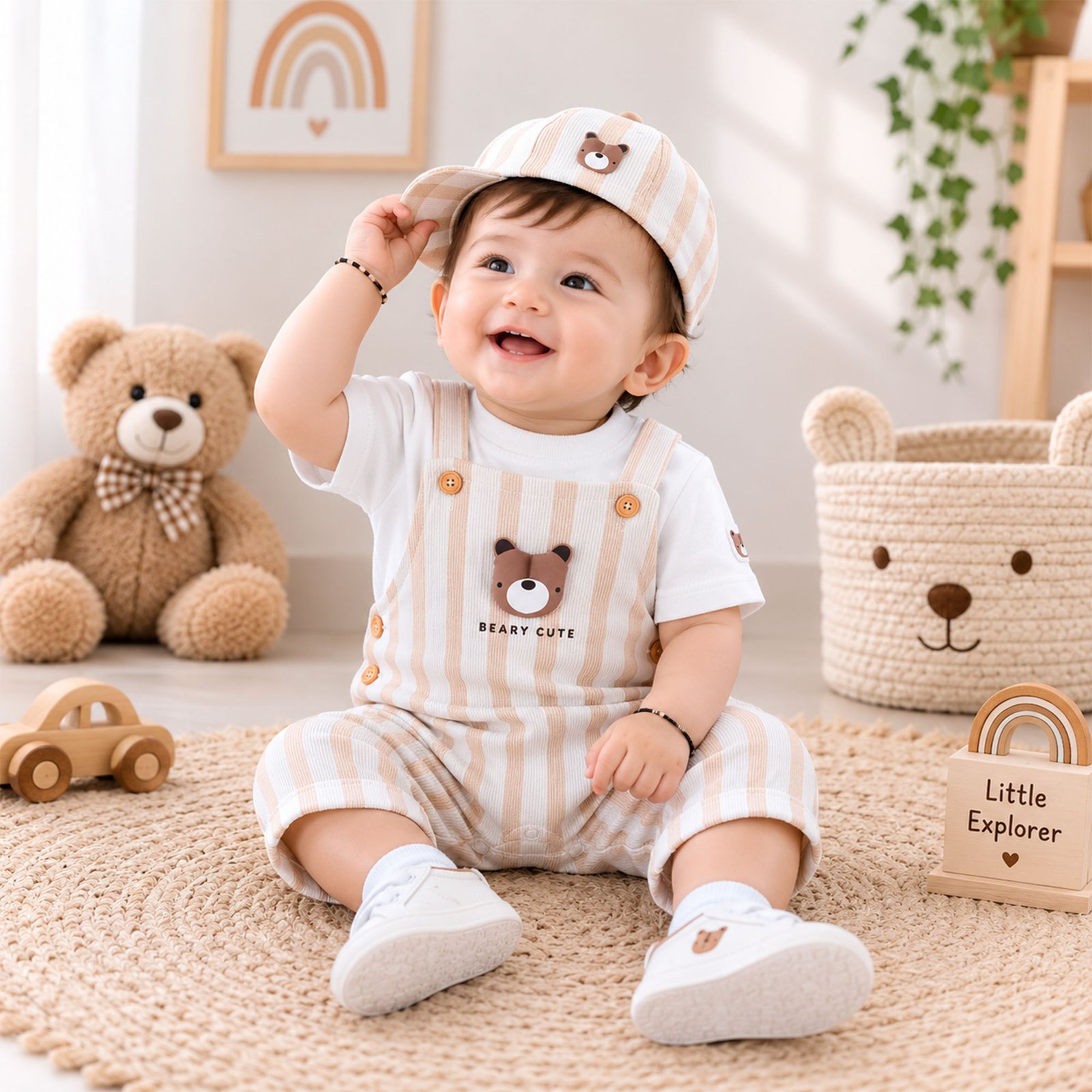 Baby 2-Piece Striped Bear Dungaree and T-Shirt Set - Light Khaki (3–12M)
