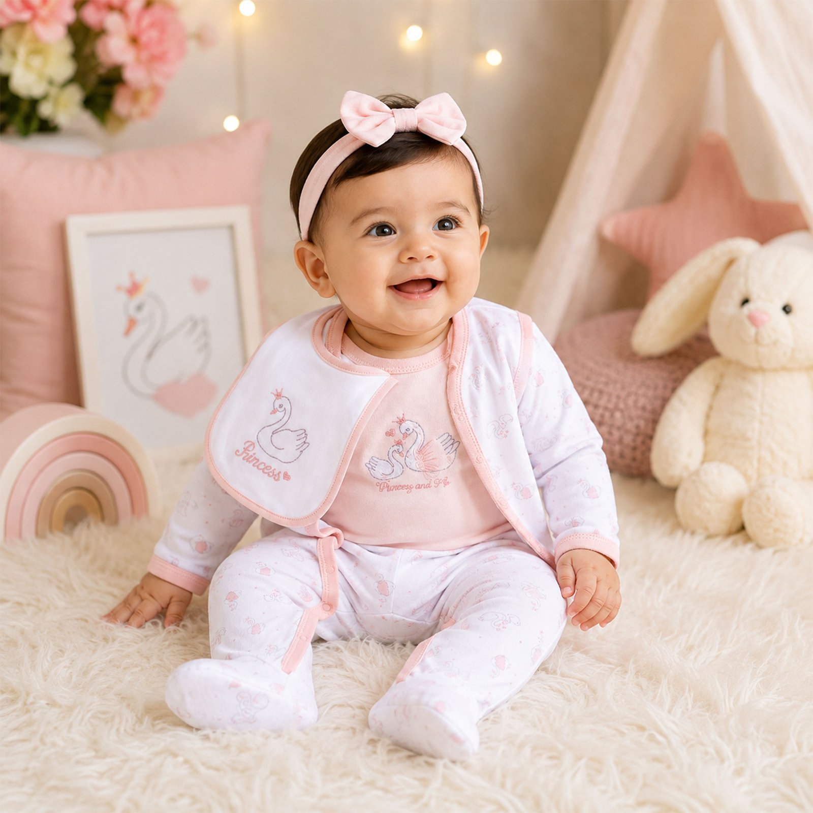 Baby Girl 3-Piece Pink Swan Sleep Suit, Bodysuit and Bib Layette Set (0–9M)