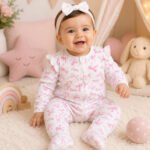 Baby Girl Pink Ribbon Bow Quilted Zipper Sleep & Play Footie Suit (0–9M)