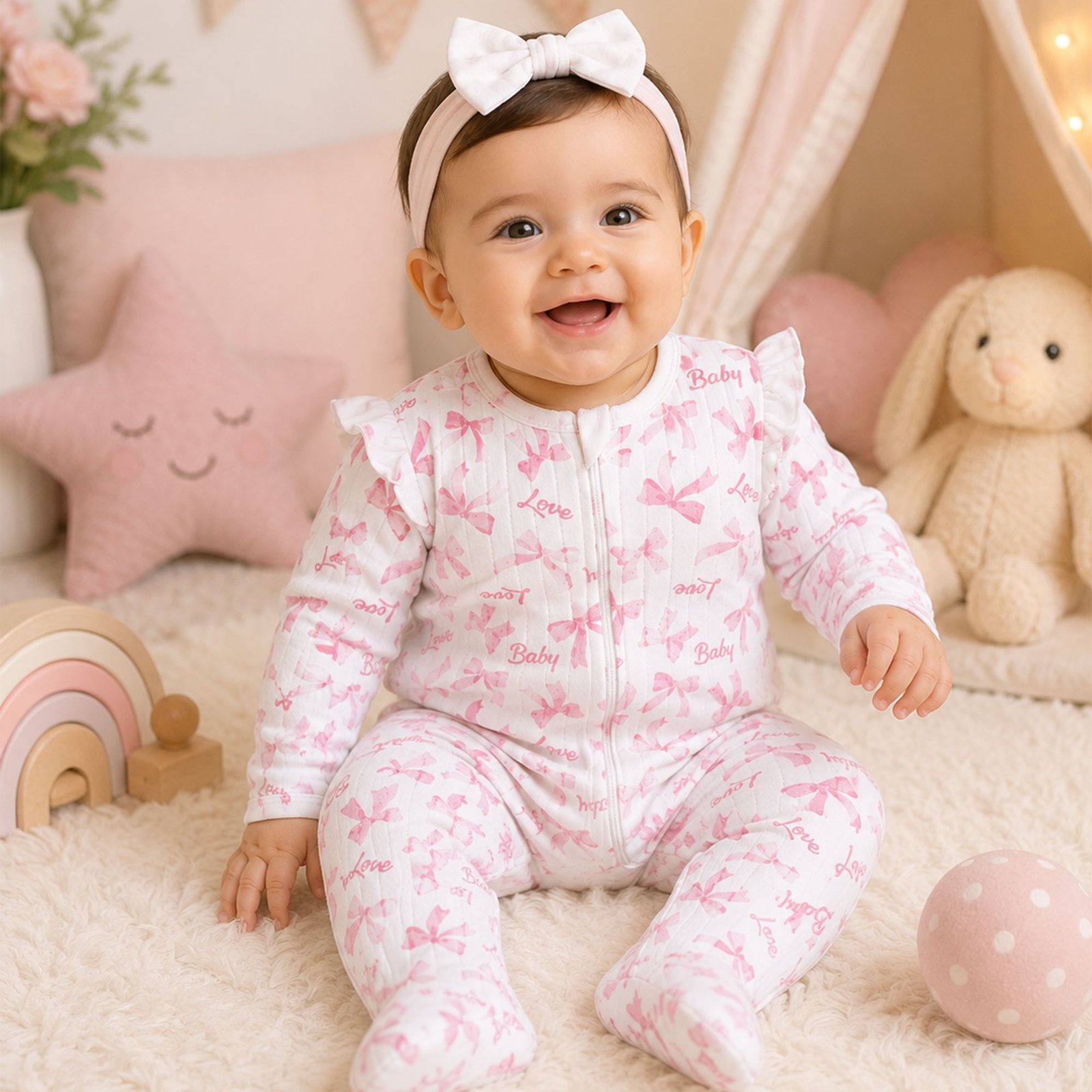 Baby Girl Pink Ribbon Bow Quilted Zipper Sleep & Play Footie Suit (0–9M)