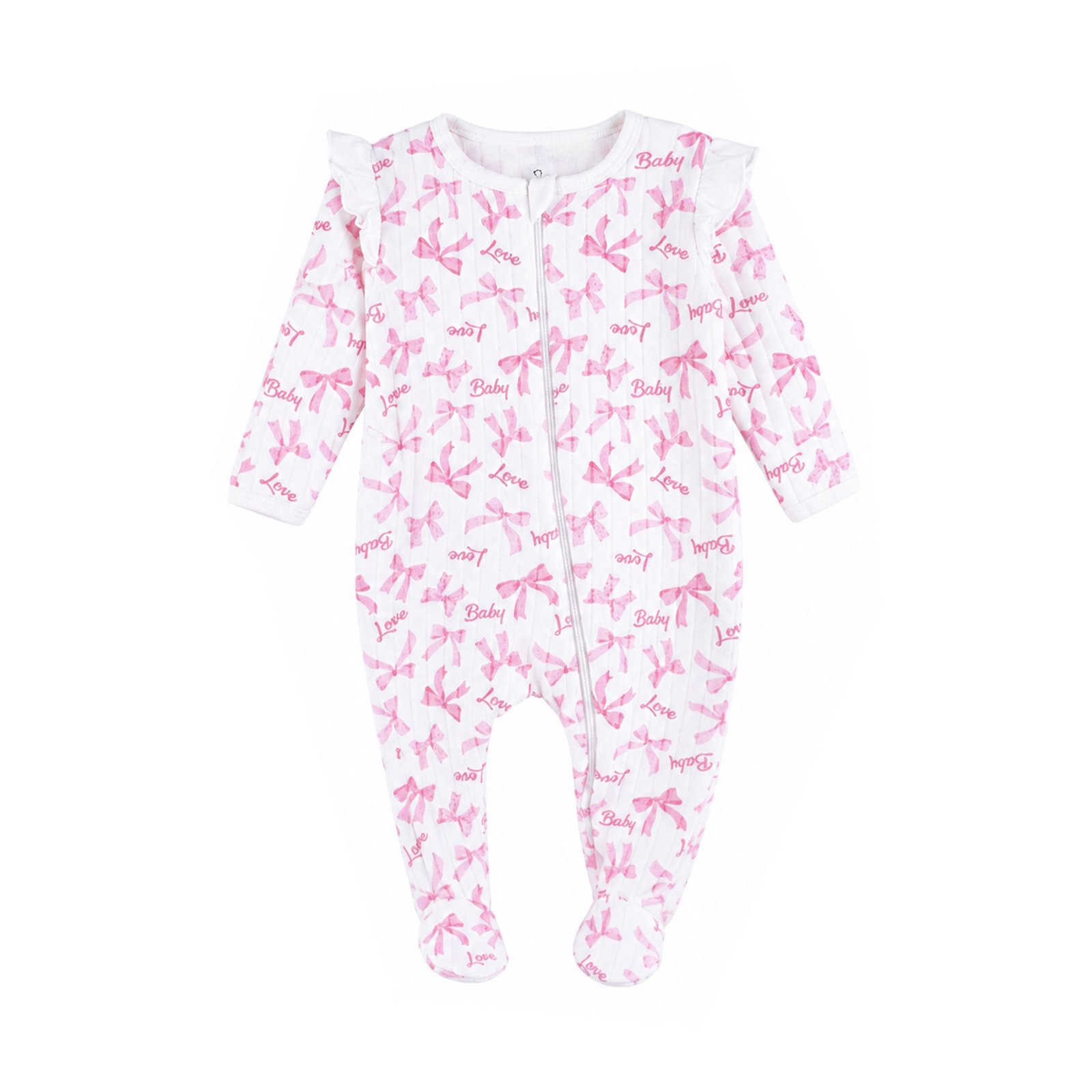Baby Girl Pink Ribbon Bow Quilted Zipper Sleep & Play Footie Suit (0–9M)