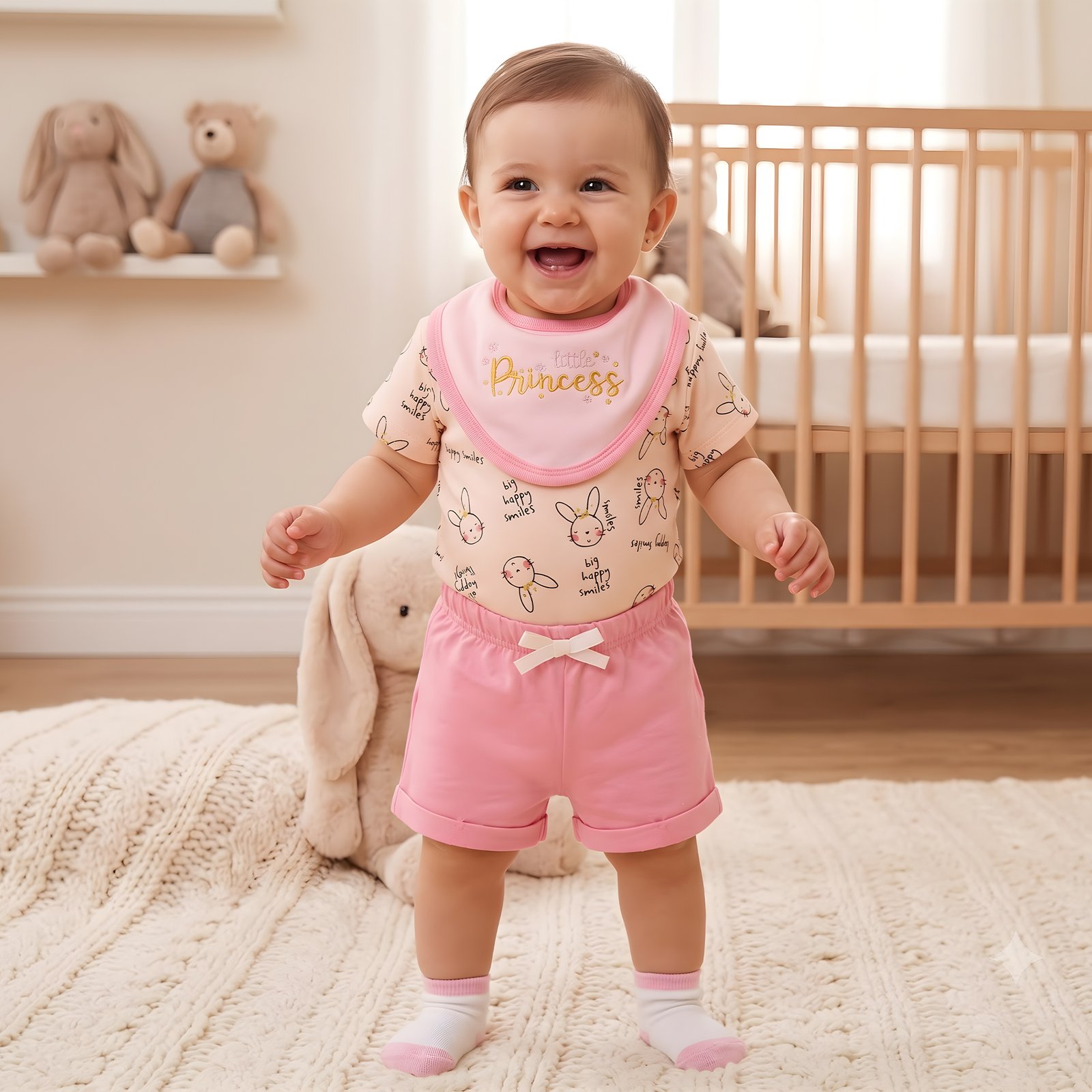 Baby Girl 4-Piece Pink Bunny "Little Princess" T-Shirt, Shorts, Bandana Bib and Socks Set (3–18M)