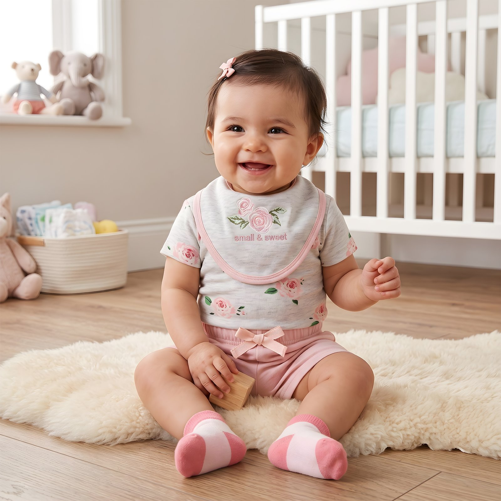 Baby Girl 4-Piece Heather Grey Floral T-Shirt, Dust Pink Shorts, Bandana Bib and Socks Set (3–18M)