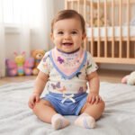 Baby Girl 4-Piece Cream Butterfly T-Shirt, Blue Shorts, Bandana Bib and Socks Set (3–18M)