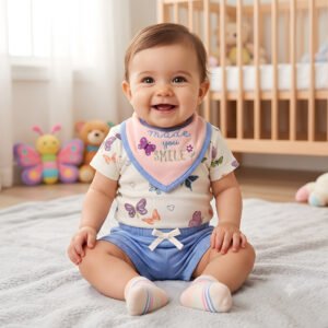 Baby Girl 4-Piece Cream Butterfly T-Shirt, Blue Shorts, Bandana Bib and Socks Set (3–18M)