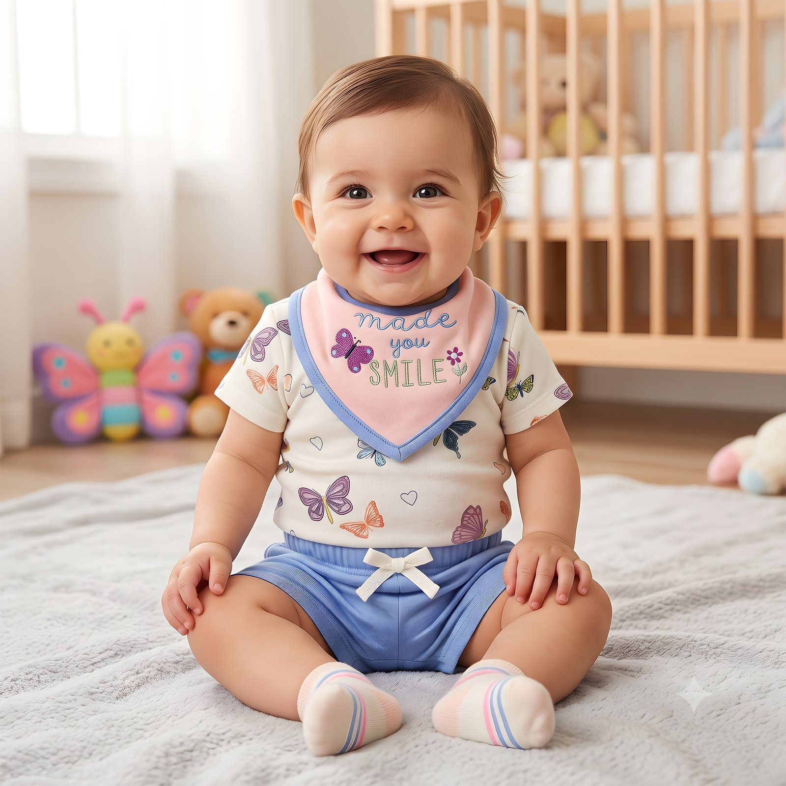 Baby Girl 4-Piece Cream Butterfly T-Shirt, Blue Shorts, Bandana Bib and Socks Set (3–18M)