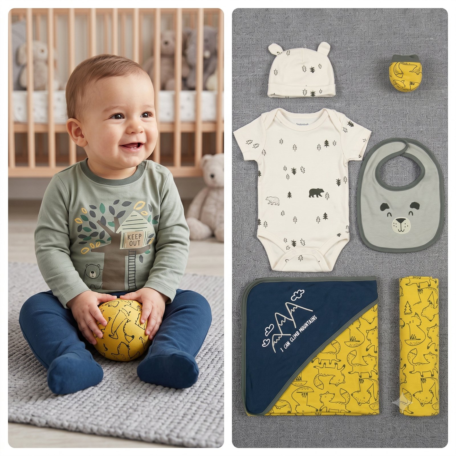 Baby Boy 7-Piece Woodland Adventure Long-Sleeve Top, Footed Pants, Bodysuit, Beanie, Bib, Mittens & Blanket Set (0–12M)