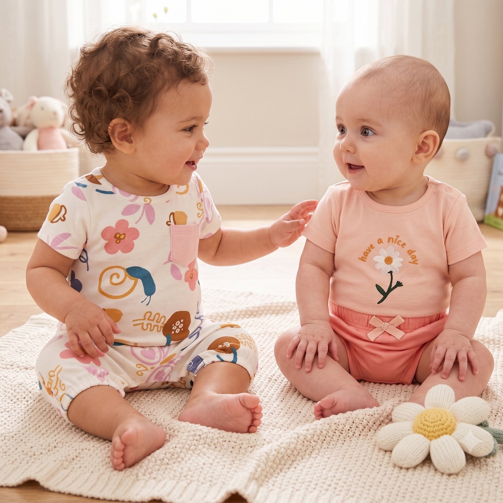 Baby Girl 3-Piece Daisy "Have a Nice Day" T-Shirt, Garden Floral Romper Jumpsuit and Shorts Set (3–18M)