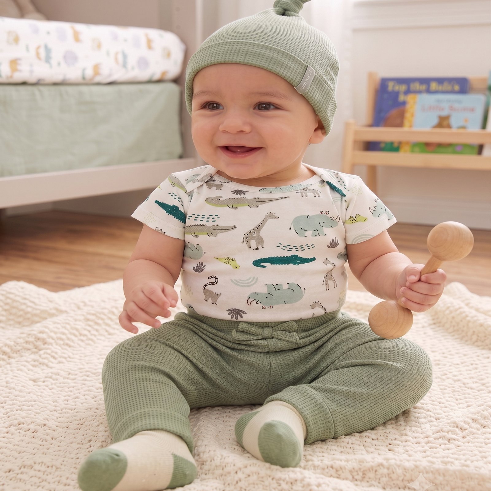 Baby Boy 4-Piece Sage Green Safari Animal Bodysuit, Ribbed Trousers, Knot Hat and Socks Set (3–12M)