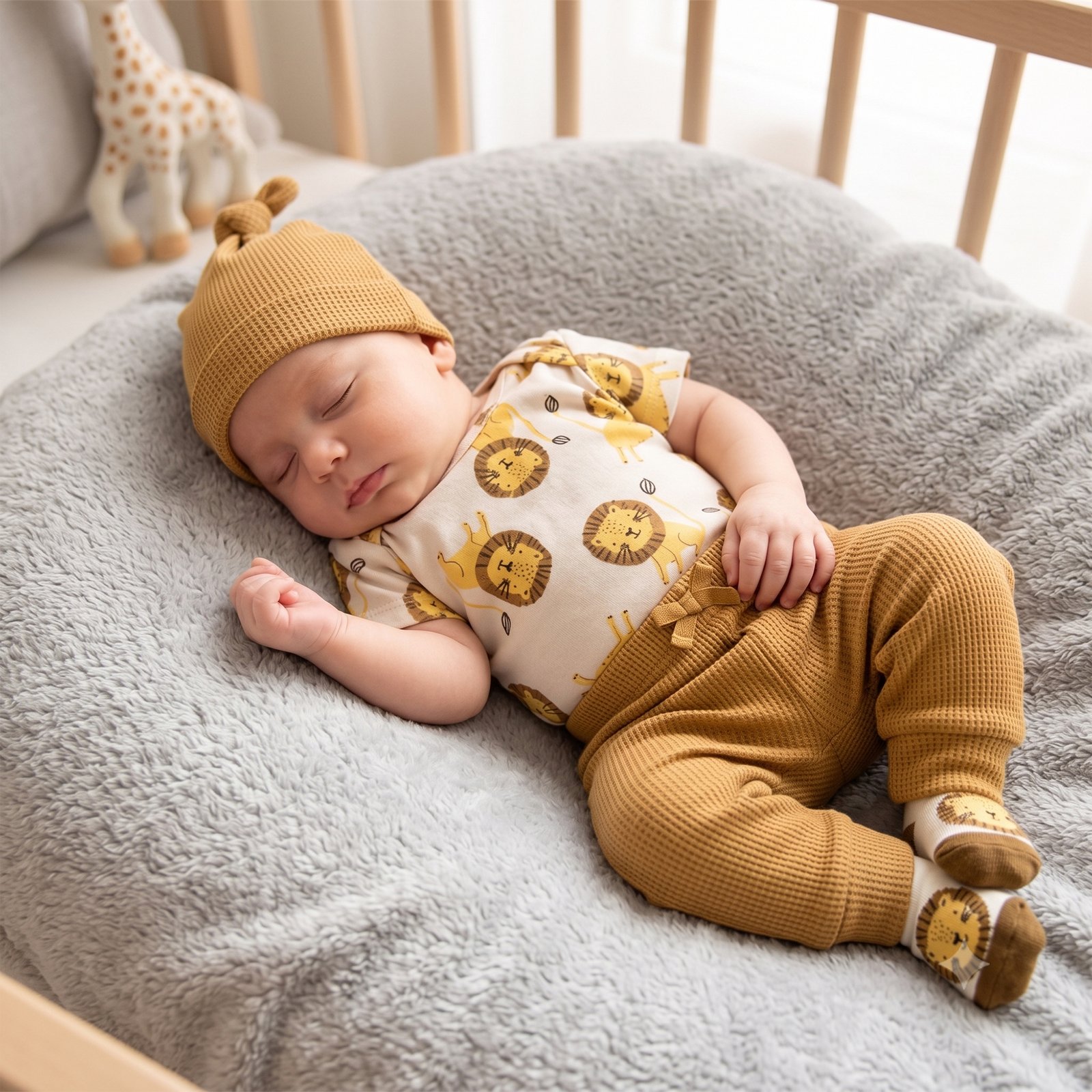 Baby Boy 4-Piece Mocha Brown Safari Lion Bodysuit, Ribbed Trousers, Knot Hat and Socks Set (3–12M)