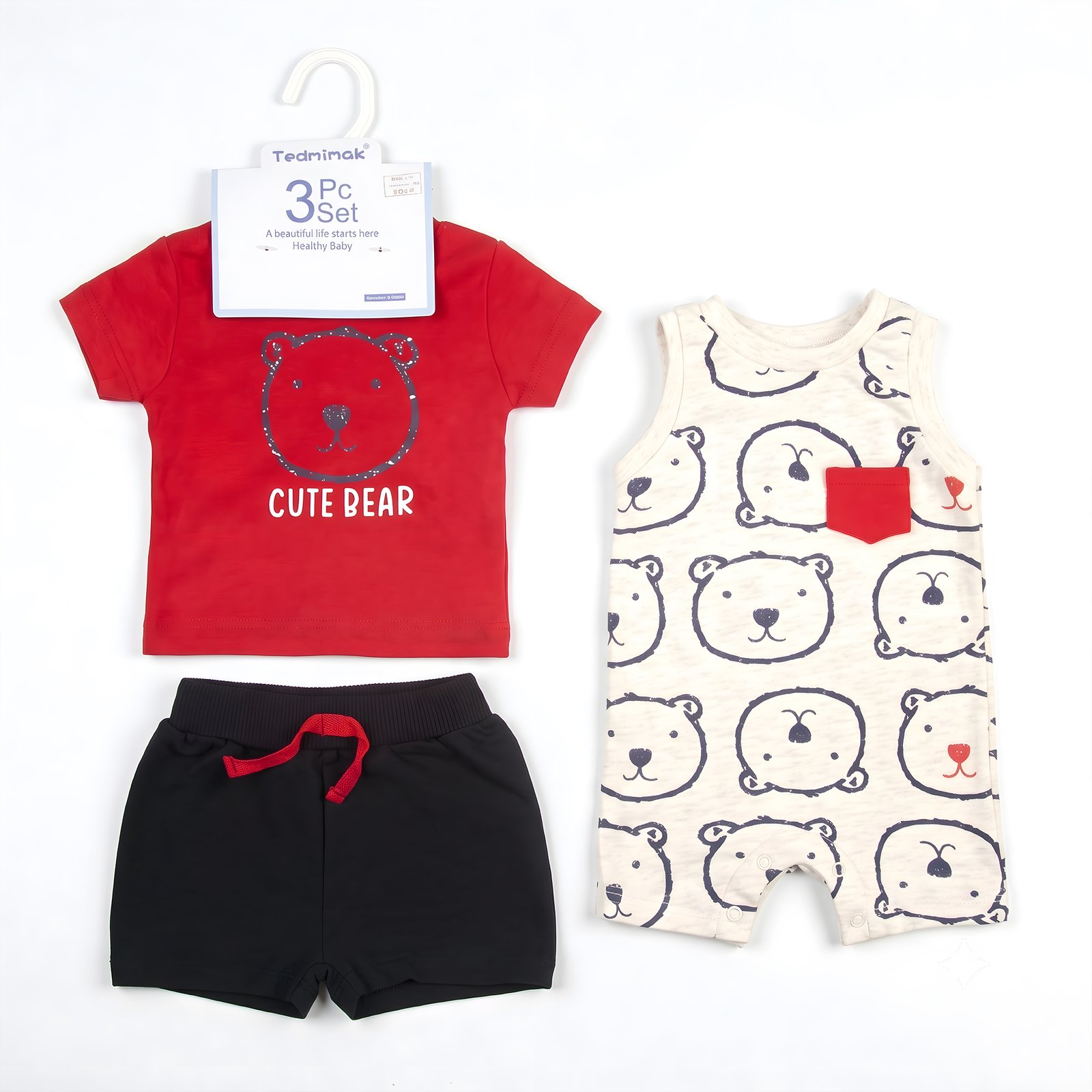 Baby Boy 3-Piece Cute Bear Red T-Shirt, Short Romper Jumpsuit and Shorts Set (3–18M)