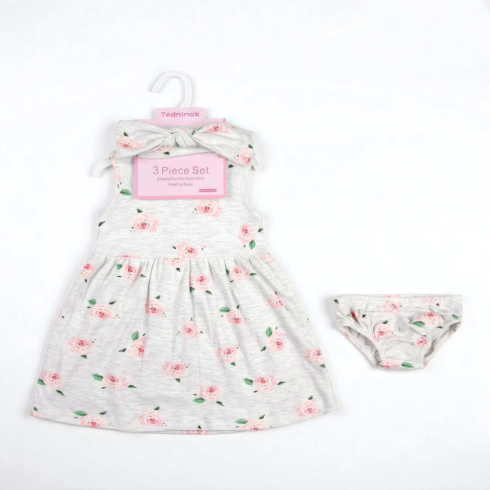 Baby Girl 3-Piece Heather Grey Floral Dress, Diaper Cover Cover-Up and Bow Headband Set (6–24M)