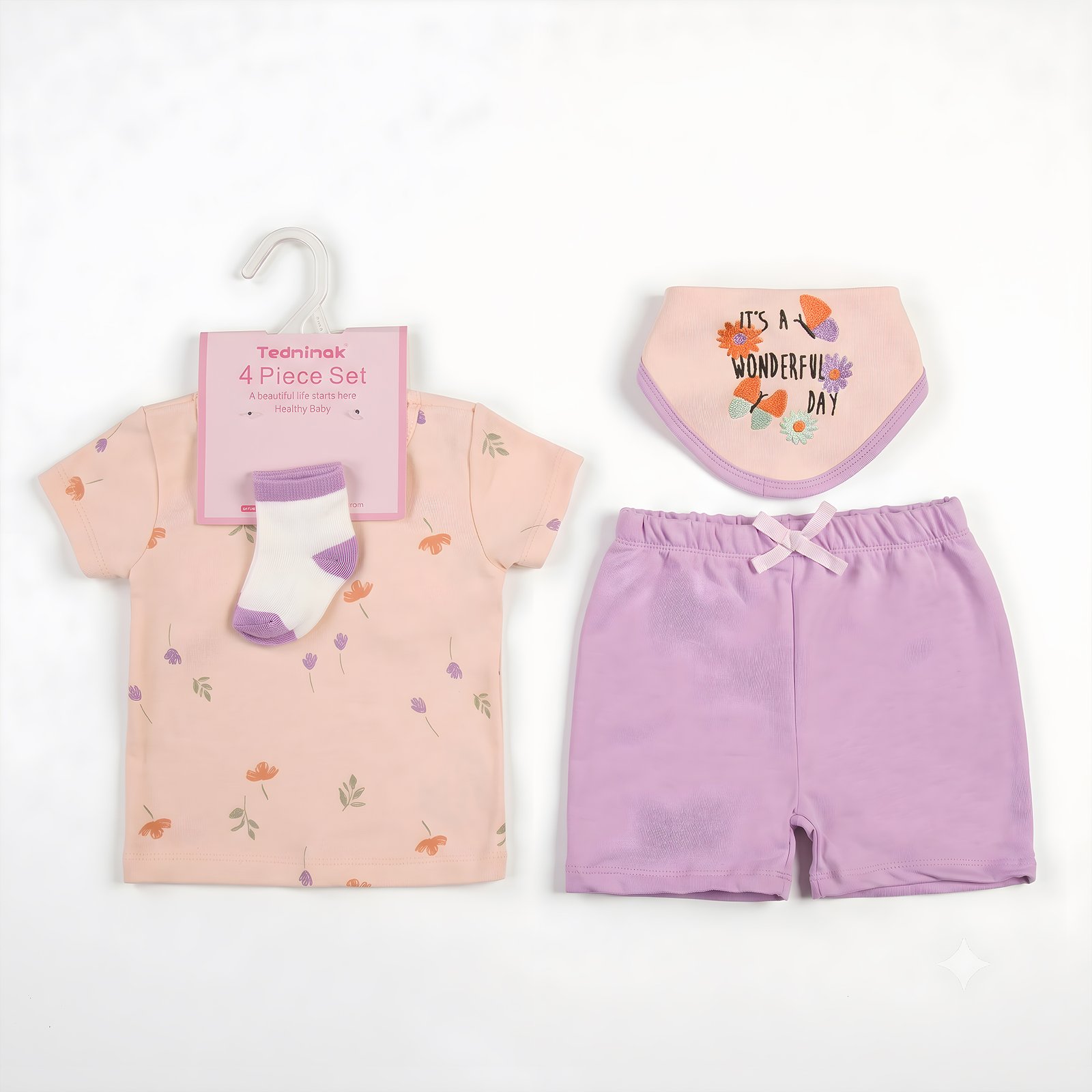 Baby Girl 4-Piece Peach & Lilac Floral T-Shirt, Shorts, Bandana Bib and Socks Set (3–18M)