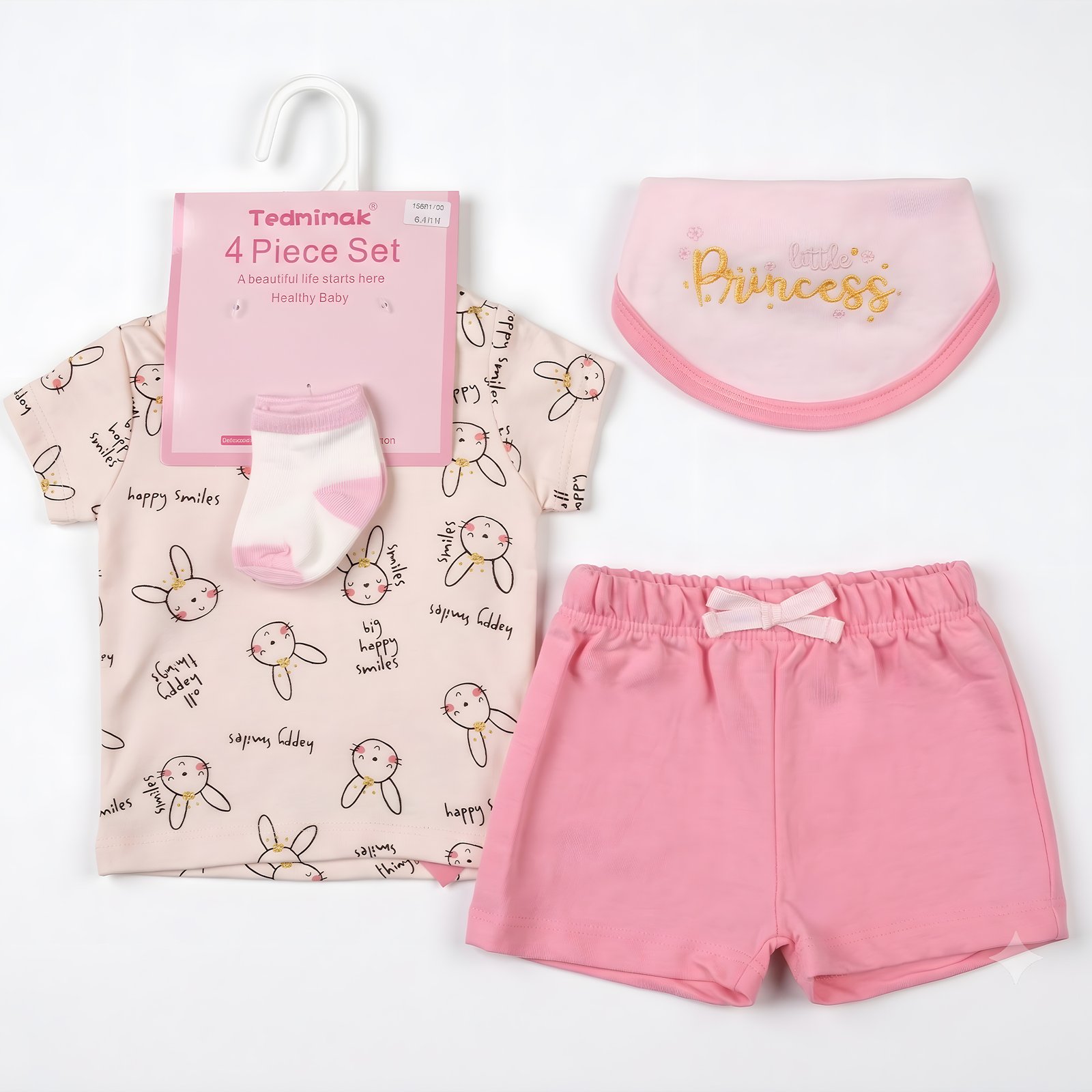 Baby Girl 4-Piece Pink Bunny "Little Princess" T-Shirt, Shorts, Bandana Bib and Socks Set (3–18M)