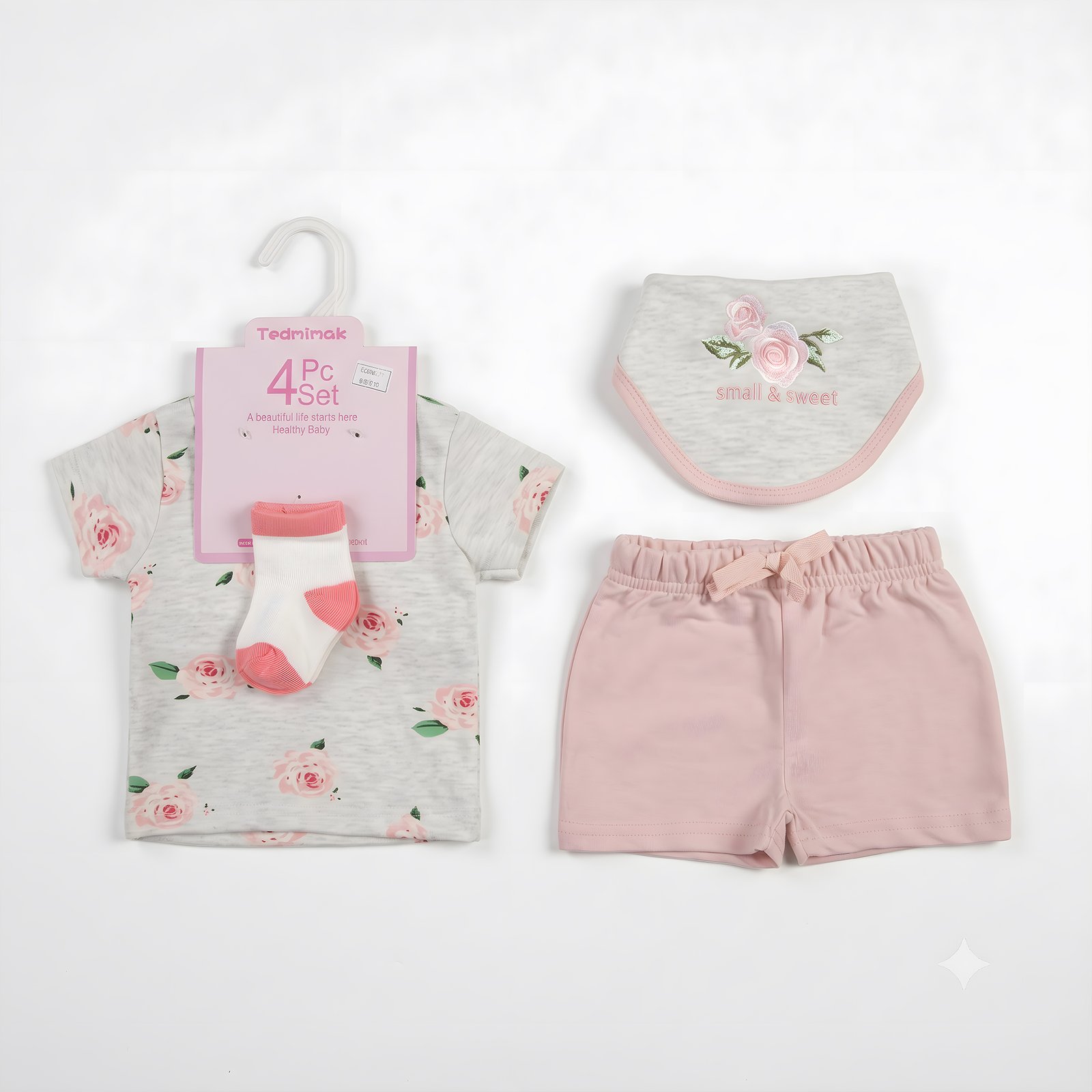 Baby Girl 4-Piece Heather Grey Floral T-Shirt, Dust Pink Shorts, Bandana Bib and Socks Set (3–18M)