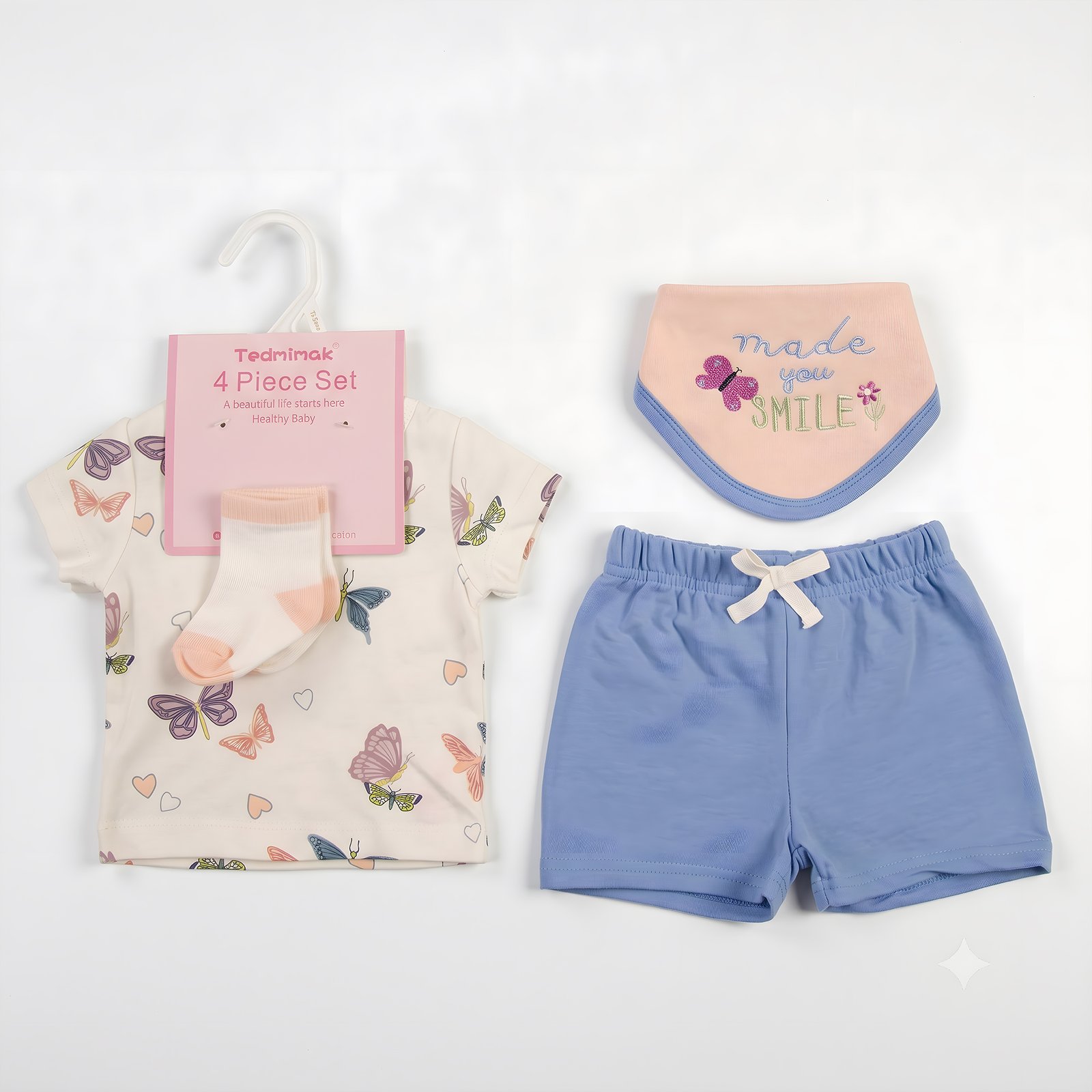 Baby Girl 4-Piece Cream Butterfly T-Shirt, Blue Shorts, Bandana Bib and Socks Set (3–18M)