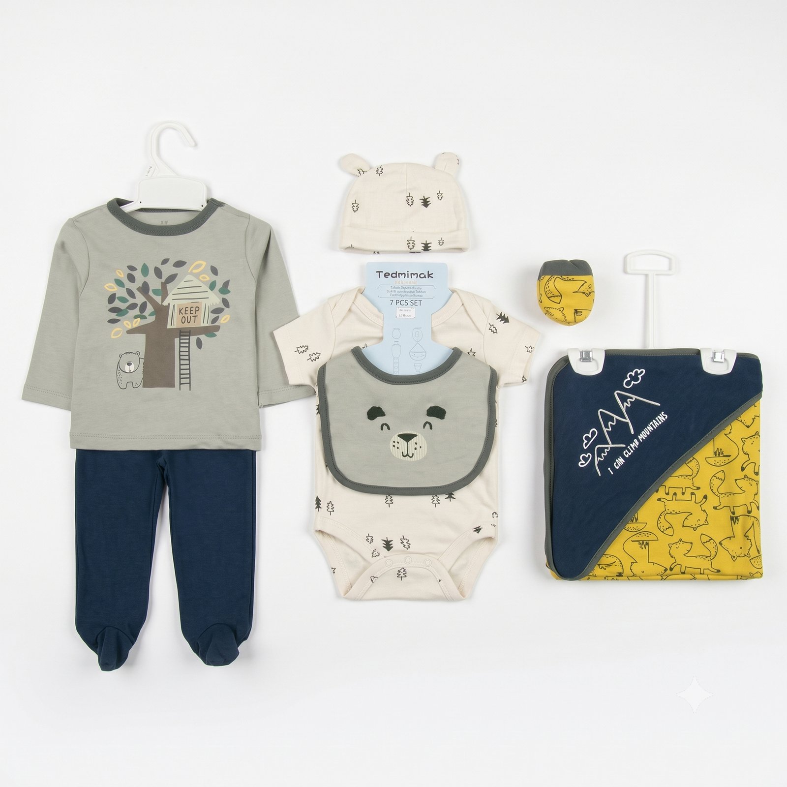 Baby Boy 7-Piece Woodland Adventure Long-Sleeve Top, Footed Pants, Bodysuit, Beanie, Bib, Mittens & Blanket Set (0–12M)