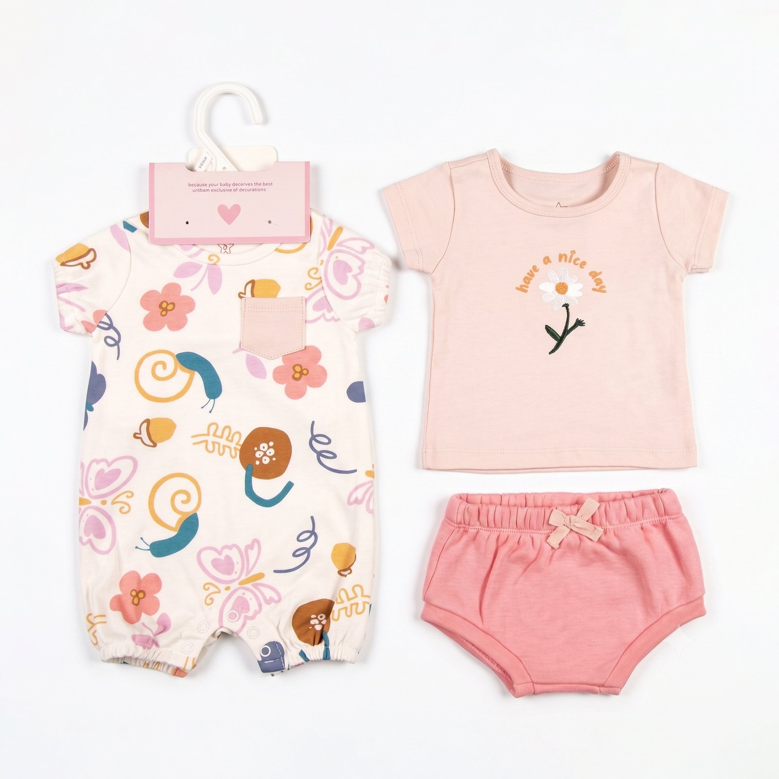 Baby Girl 3-Piece Daisy "Have a Nice Day" T-Shirt, Garden Floral Romper Jumpsuit and Shorts Set (3–18M)