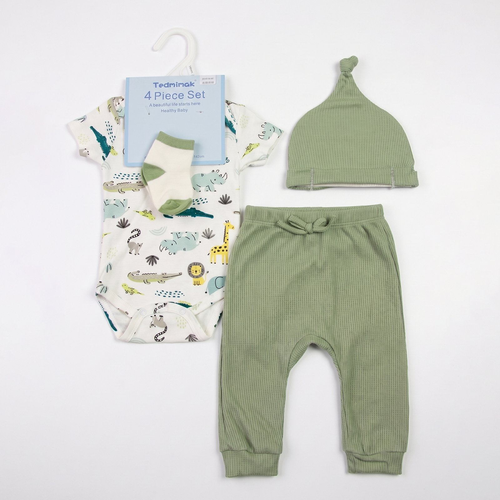 Baby Boy 4-Piece Sage Green Safari Animal Bodysuit, Ribbed Trousers, Knot Hat and Socks Set (3–12M)