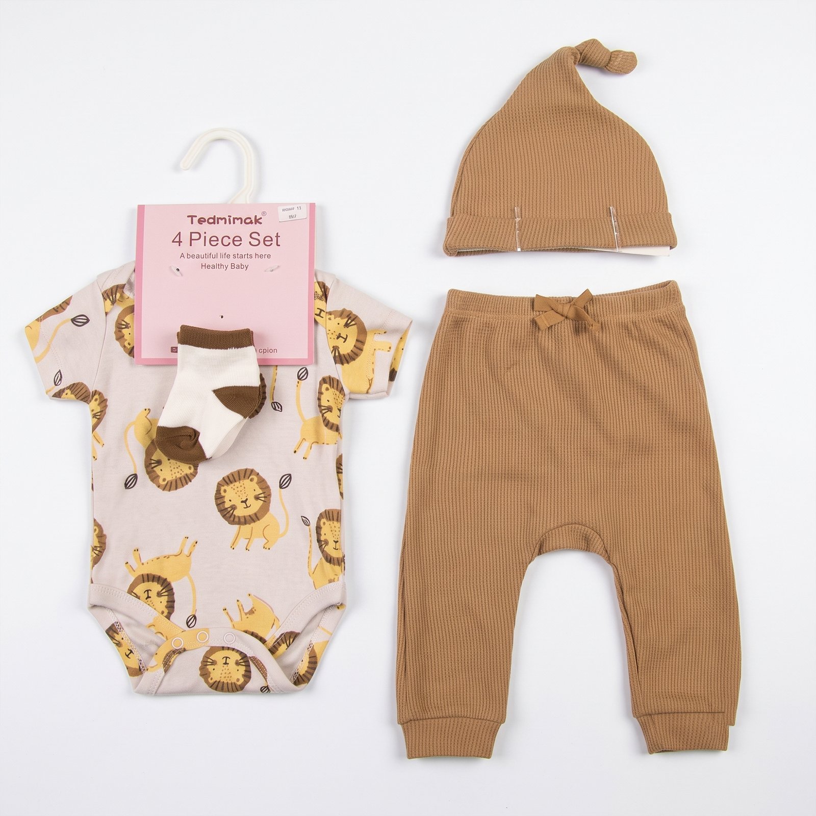 Baby Boy 4-Piece Mocha Brown Safari Lion Bodysuit, Ribbed Trousers, Knot Hat and Socks Set (3–12M)