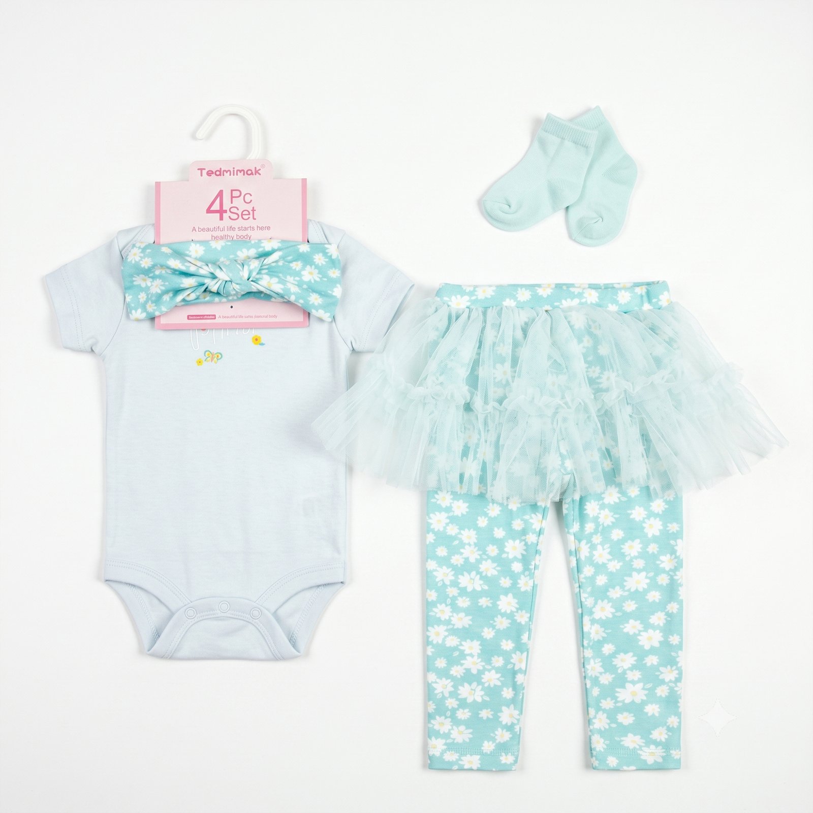 Baby Girl 4-Piece Mint Aqua Daisy Bodysuit, Tutu Leggings, Headband and Socks Set (3–12M)
