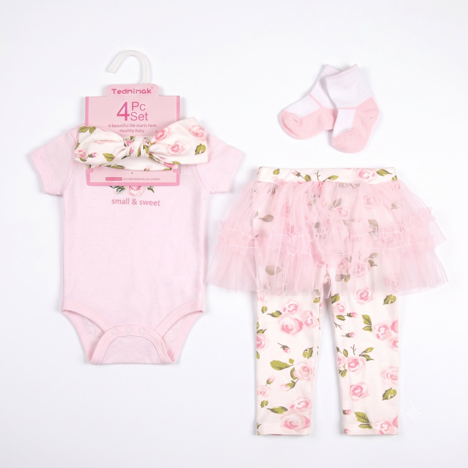 Baby Girl 4-Piece Pink Rose Bodysuit, Floral Tutu Leggings, Headband and Socks Set (3–12M)