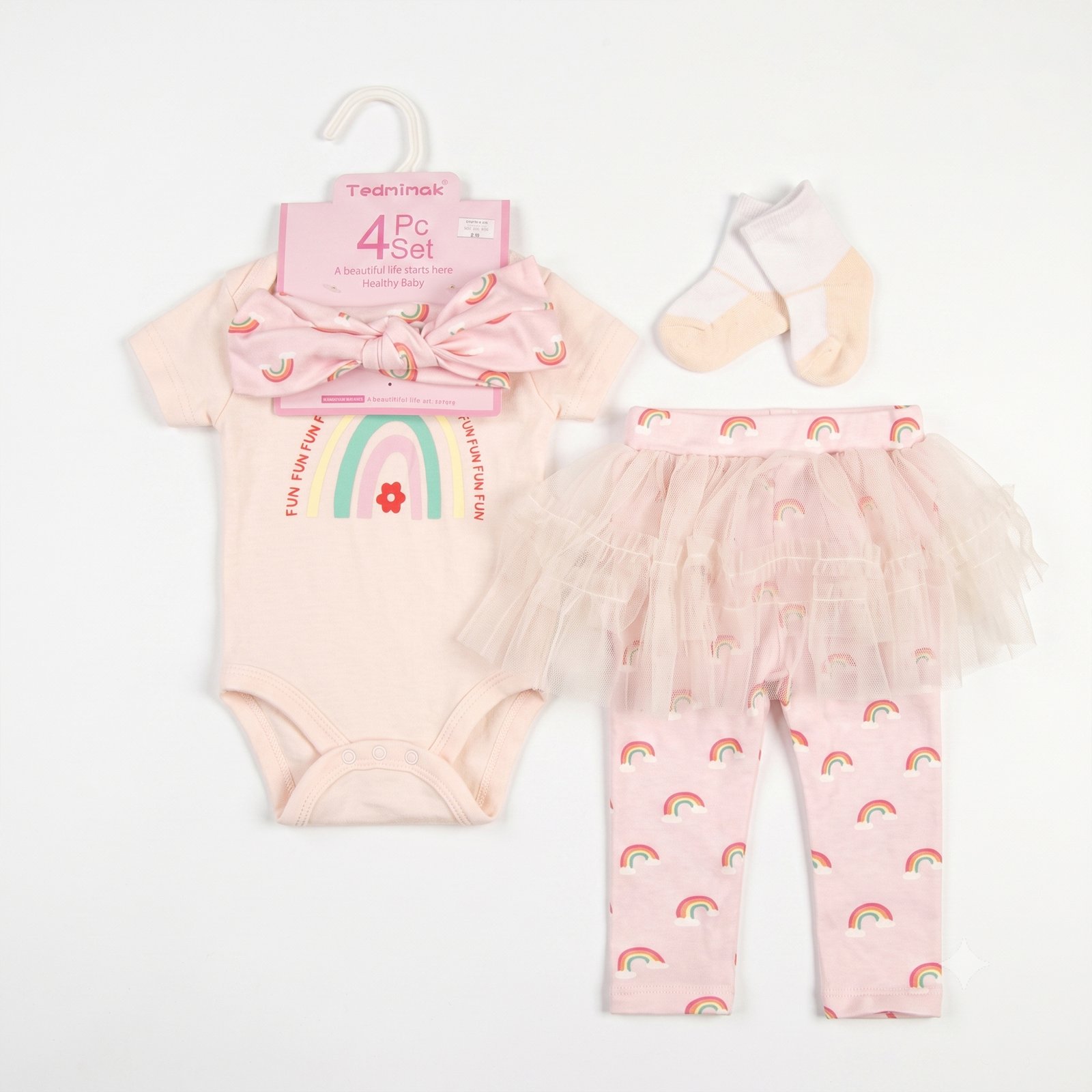 Baby Girl 4-Piece Peach Rainbow Bodysuit, Tutu Leggings, Headband and Socks Set (3–12M)