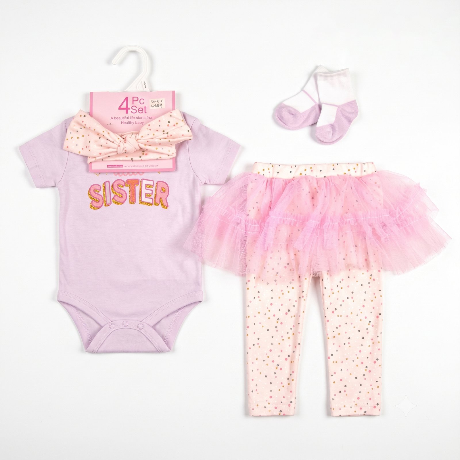 Baby Girl 4-Piece Lilac Lavender "Sister" Bodysuit, Polka Dot Tutu Leggings, Headband and Socks Set (3–12M)