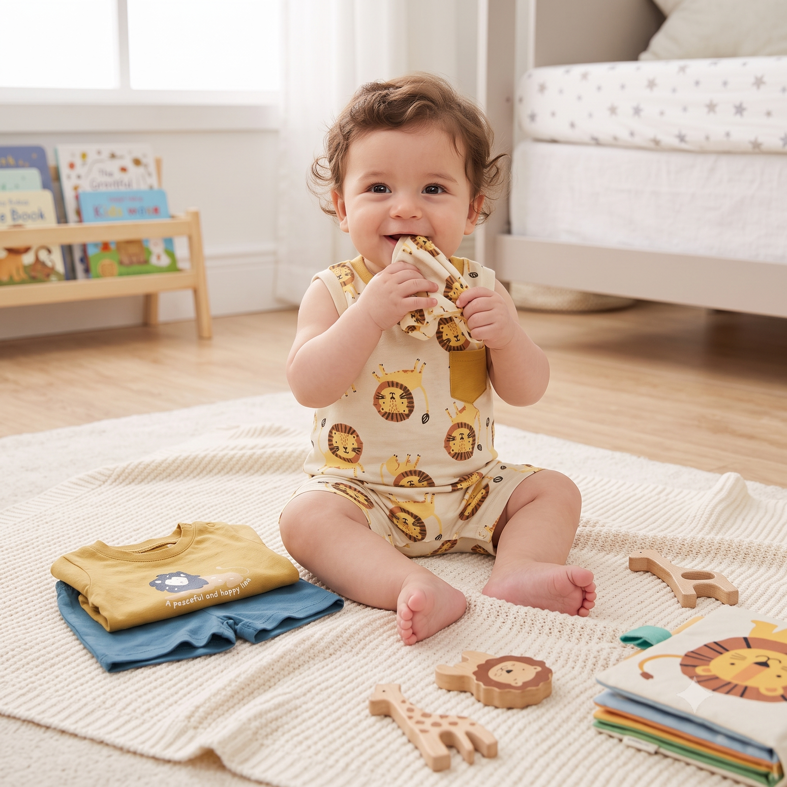 Baby Boy 3-Piece Happy Lion Mustard T-Shirt, Short Romper Jumpsuit and Shorts Set (3–18M)