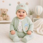 Baby Sage Green Parachuting Bear Quilted Cardigan, Bodysuit, Footed Pant and Bear Hat 4-Piece Set (0–9M)