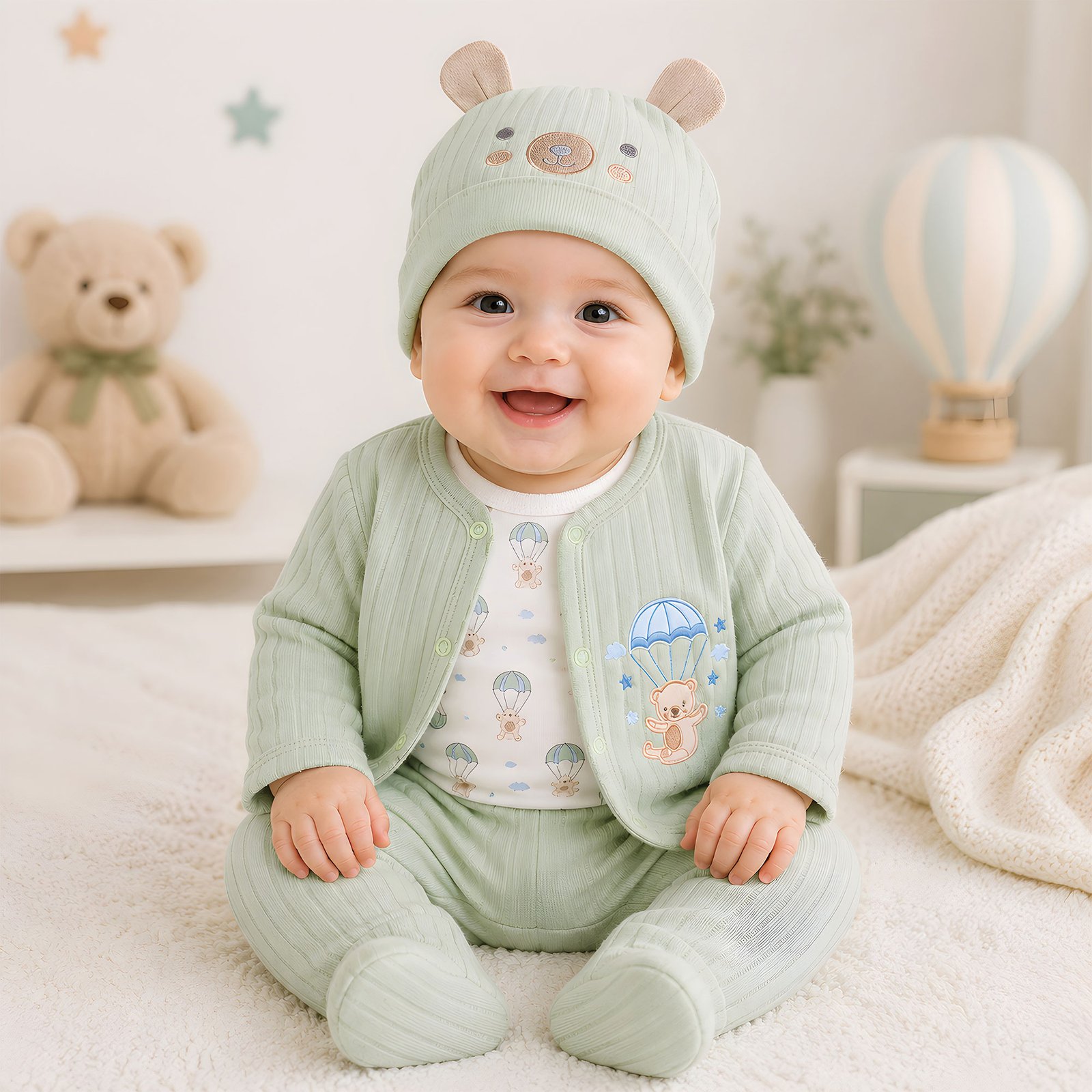 Baby Sage Green Parachuting Bear Quilted Cardigan, Bodysuit, Footed Pant and Bear Hat 4-Piece Set (0–9M)