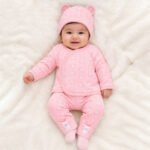 Baby Girl Pink Teddy Bear Quilted Side-Snap Top, Pant and Bear Ear Hat Set (0–9M)