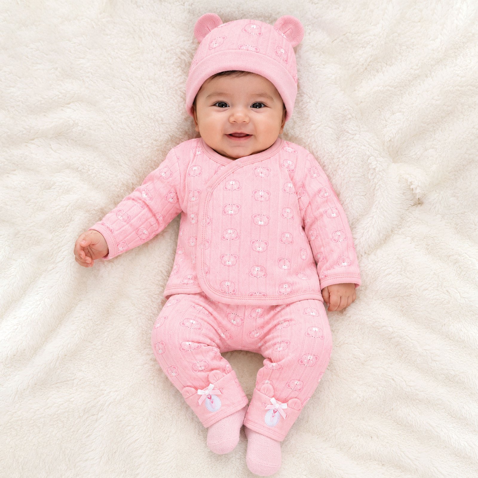 Baby Girl Pink Teddy Bear Quilted Side-Snap Top, Pant and Bear Ear Hat Set (0–9M)