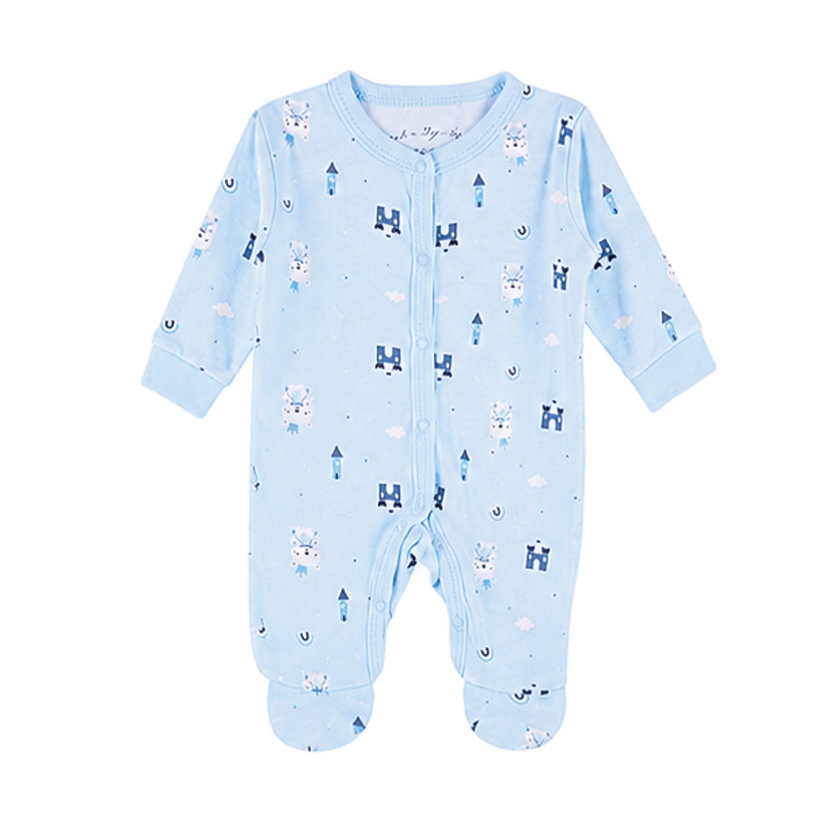 Baby Boy 5-Piece Blue Castle Little Prince Sleep Suit, Striped Bodysuit, Cap, Mittens and Bib Hanging Gift Set (NB–6M)