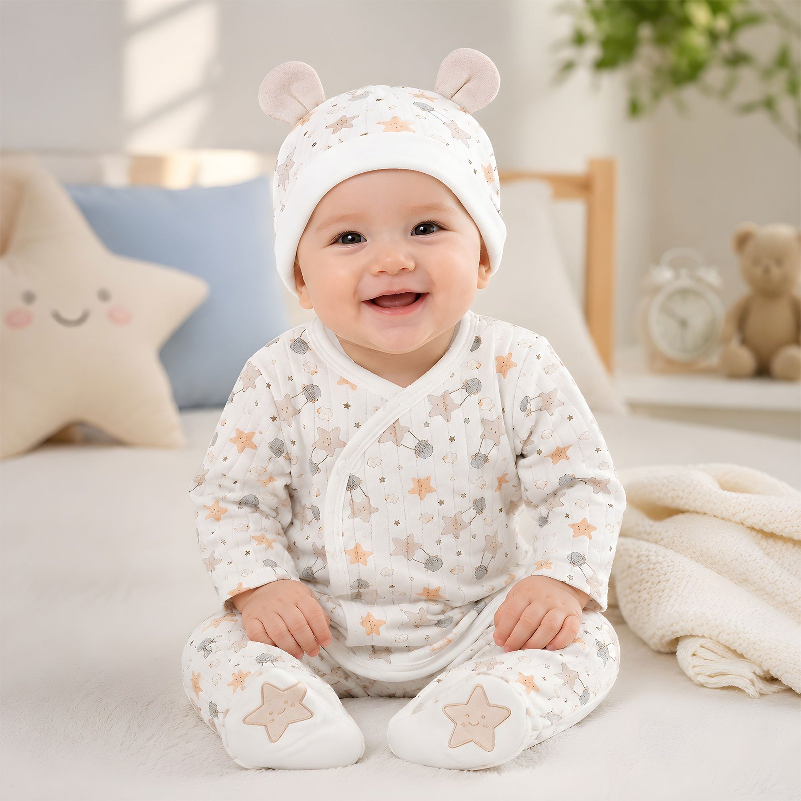 Baby Cream Celestial Star & Hot Air Balloon Quilted Side-Snap Top, Pant and Bear Ear Hat Set (0–9M)