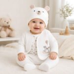 Baby Cream Rocking Horse Quilted Cardigan, Bodysuit, Footed Pant and Bear Hat 4-Piece Set (0–9M)
