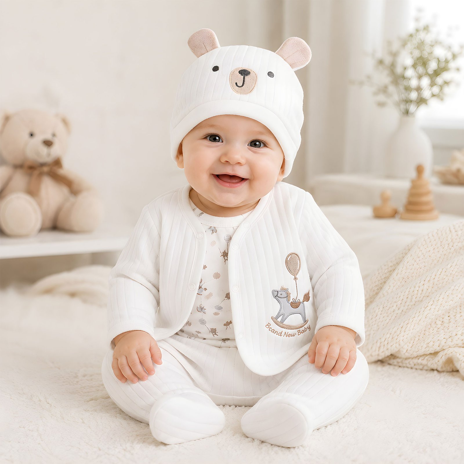 Baby Cream Rocking Horse Quilted Cardigan, Bodysuit, Footed Pant and Bear Hat 4-Piece Set (0–9M)