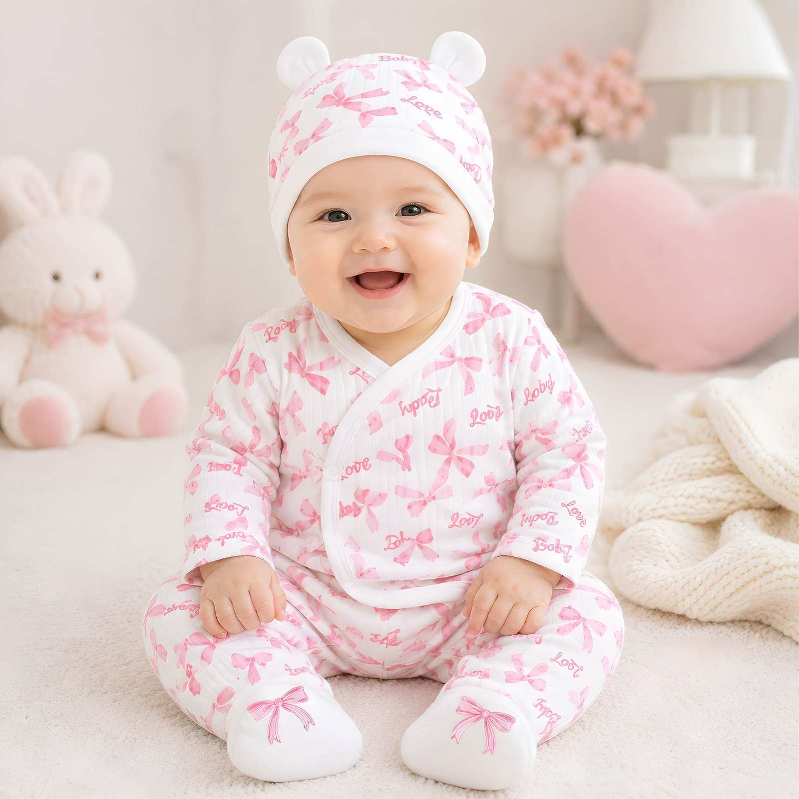 Baby Girl Pink Ribbon Bow Quilted Side-Snap Top, Pant and Bear Ear Hat Set (0–9M)